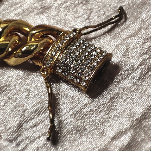 Cuban Chunky Heavy Link Gold Tone Chain Necklace Rhinestone Encrusted Box Clasp - Picture 7 of 15